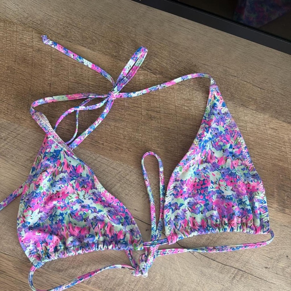 Kids Floral Print Triangle Bikini Top - Pink & Blue